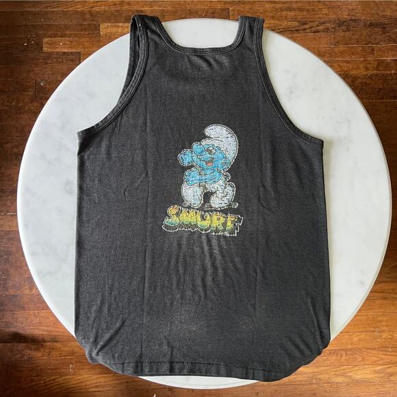 Vintage 80s Playboy Smurf Iron On Two Sided Black Tank Top / S M - Picture 5 of 7